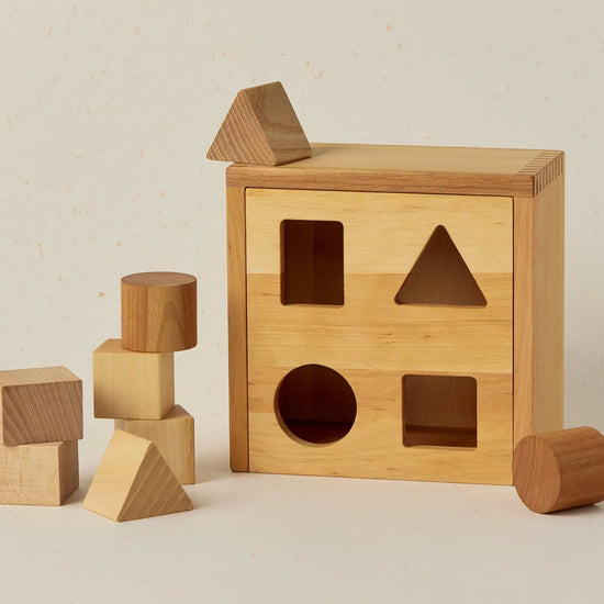 Wooden shape sorting toy with various wooden blocks on a beige background
