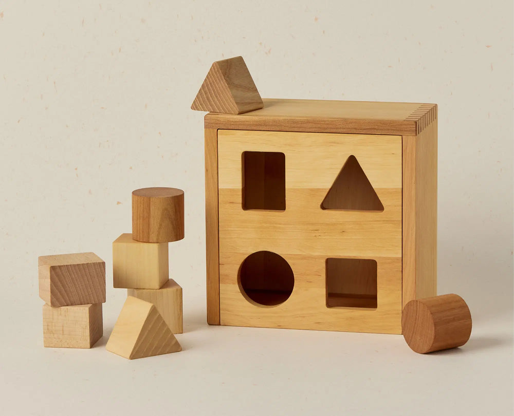 Wooden shape sorting toy with various wooden blocks on a beige background