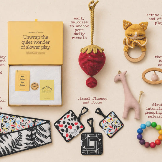 Collection of baby toys and educational items on a beige background with text describing their features.