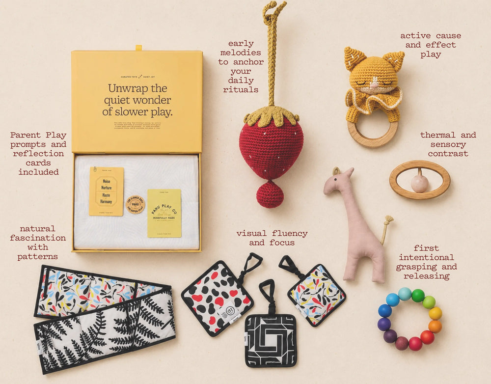 Collection of baby toys and educational items on a beige background with text describing their features.