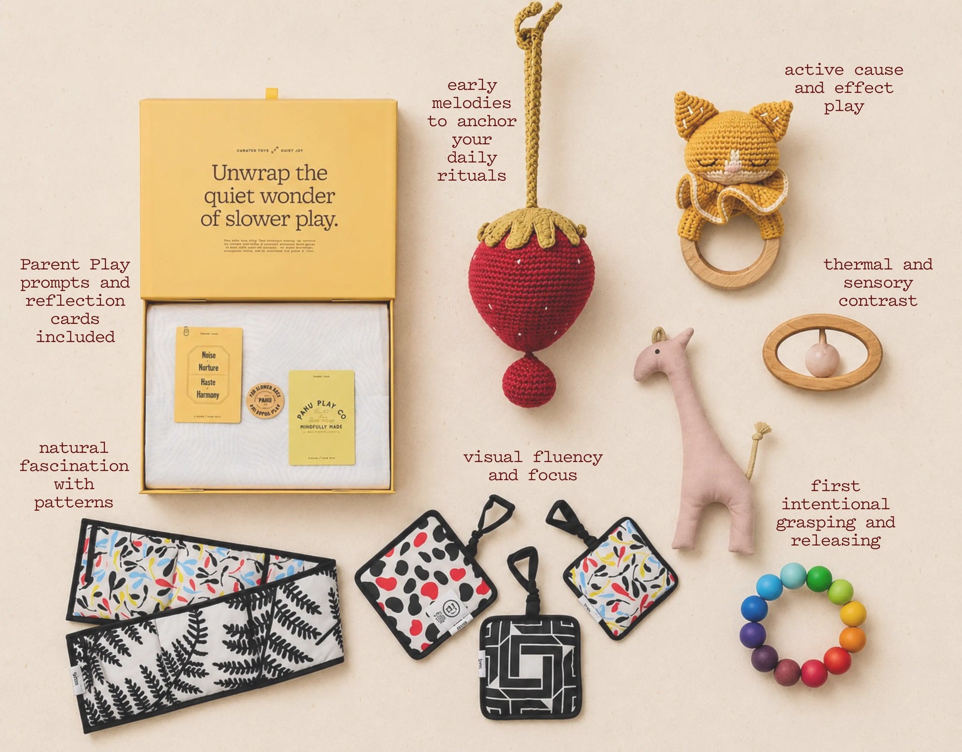 Collection of baby toys and educational items on a beige background with text describing their features.