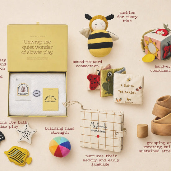 Collection of educational toys and materials for children on a beige background