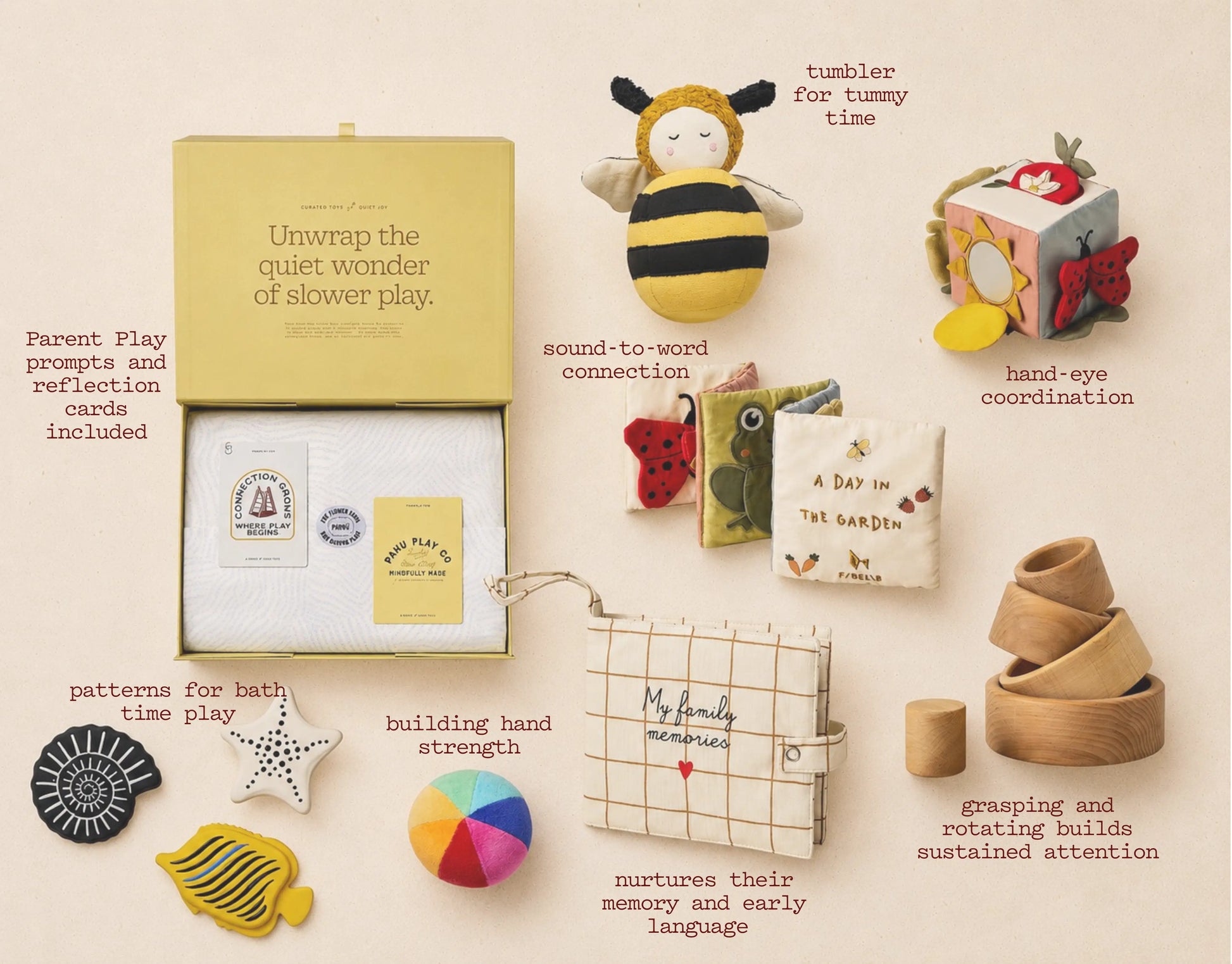 Collection of educational toys and materials for children on a beige background
