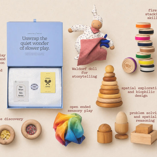 Collection of wooden toys and educational materials on a beige background with text describing their features.