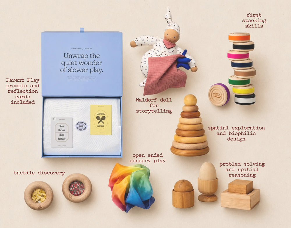 Collection of wooden toys and educational materials on a beige background with text describing their features.