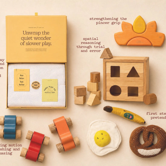 Collection of wooden toys with descriptive text on a beige background