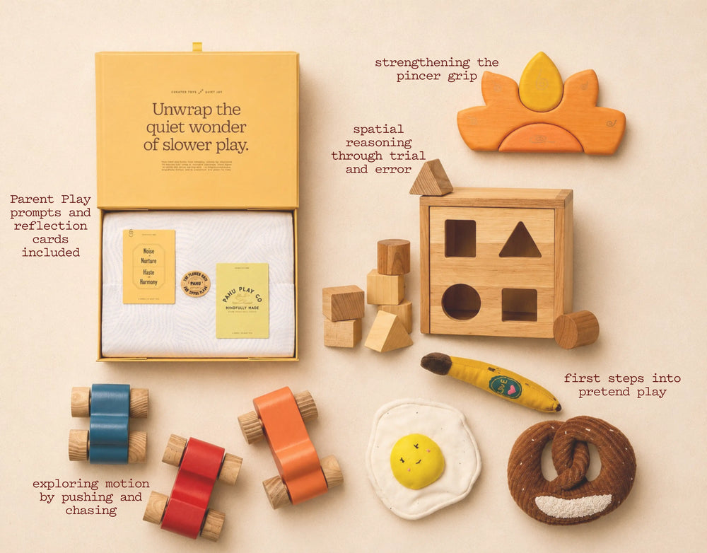 Collection of wooden toys with descriptive text on a beige background