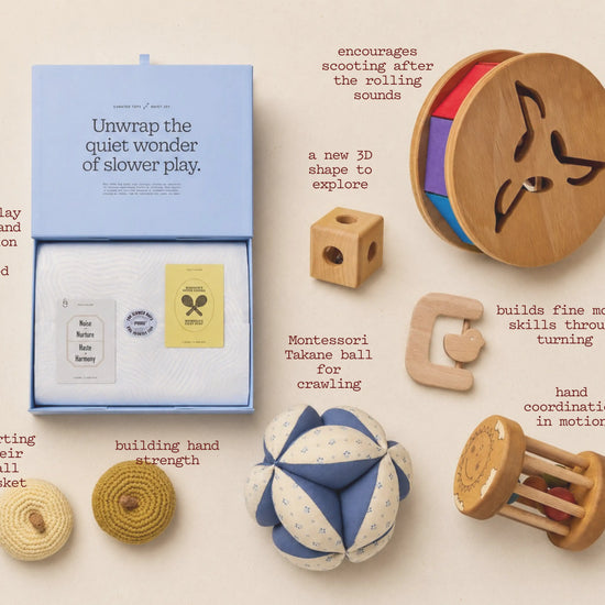 Collection of wooden toys and packaging on a beige background