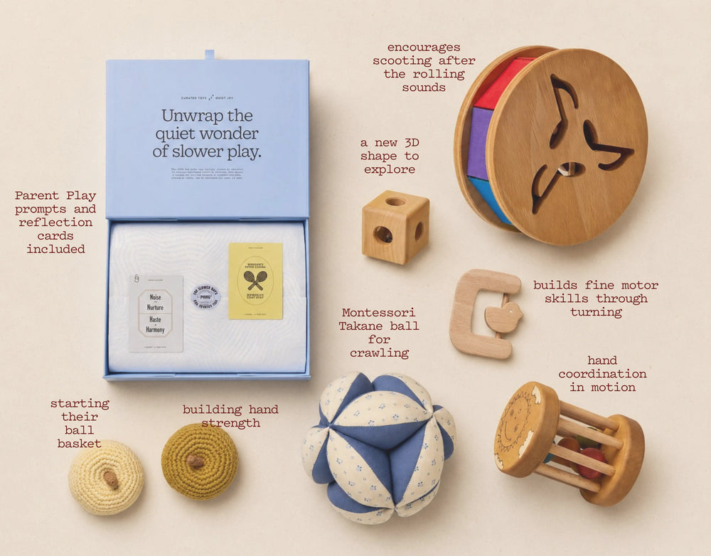 Collection of wooden toys and packaging on a beige background